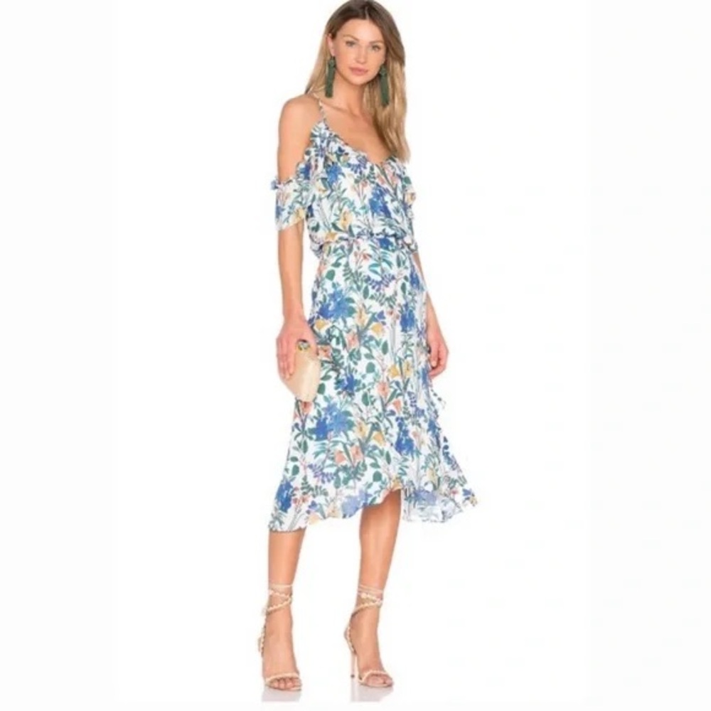 Parker Blue and Green Floral Cold Shoulder Midi Dress